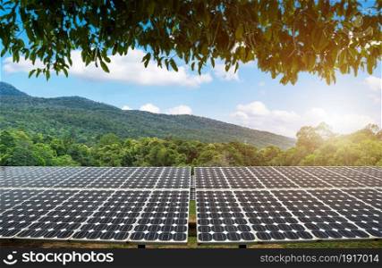 Green leaves frame with photovoltaic solar power panel at landscape lake views nature forest Mountain and view spring blue sky background, green clean Alternative power Eco energy concept.
