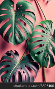 Green leaves monstera on pink background