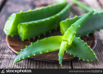 Green leaves of aloe close-up on a wooden background. Aloe Vera for treatment and skin care.. Green leaves of aloe close-up on a wooden background.