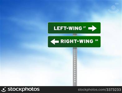 Green Left-Wing & Right-Wing Road Sign on Cloud Background