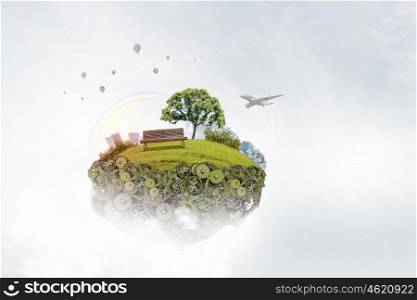 Green life concept. Green island of gears floating in sky as eco concept