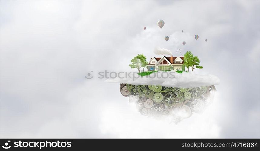 Green life concept. Green island of gears floating in sky as eco concept
