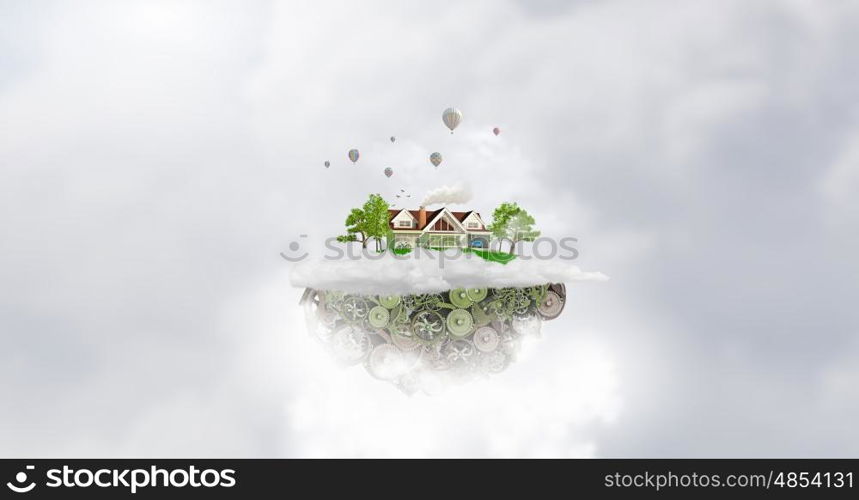 Green life concept. Green island of gears floating in sky as eco concept