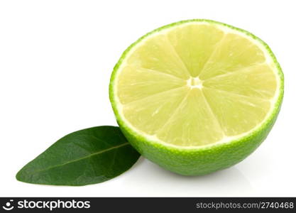 Green lime with leaf isolated on white