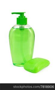 Green liquid soap in a bottle, a green piece of solid soap isolated on white background