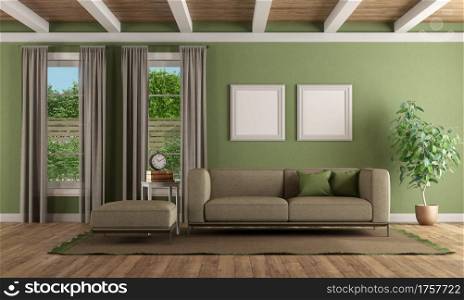 Green living room with modern sofa , footstool and two windows - 3d rendering. Green living room with modern sofa and footstool