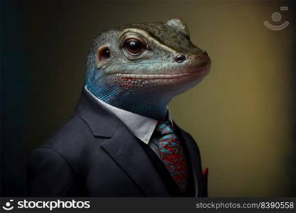 Green lizard boss concept on green dark background. Businesslizard wearing a formal suit. Generative AI