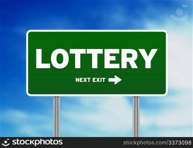 Green lottery highway sign on Cloud Background.