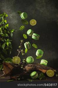 Green macarons, lime and mint fly on dark green background. Delicious french delicate dessert