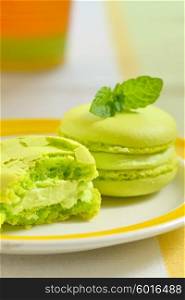 Green macaroon with fresh mint leaves