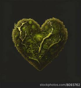 Green made of grass and stabilized moss on black background. Spring, nature concept, Happy Earth Day card. AI. Green heart made of grass and stabilized moss. Spring, nature, Earth Day concept. AI
