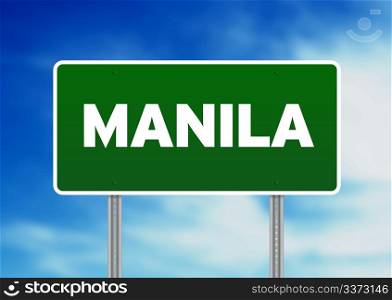 Green Manila highway sign on Cloud Background.