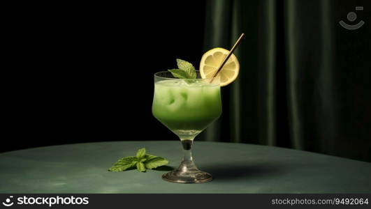 Green Matcha Cocktail with garnish on green table