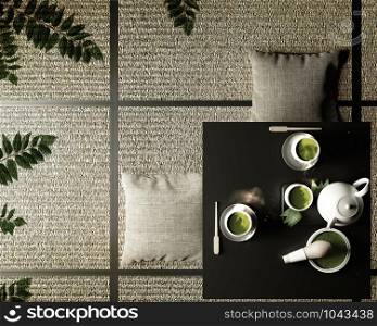 Green matcha tea, bamboo whisk, spoon and tea powder in low table on tatami mat. 3D rendering