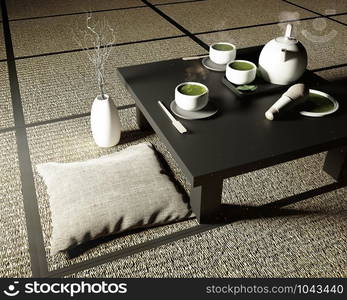 Green matcha tea, bamboo whisk, spoon and tea powder in low table on tatami mat. 3D rendering