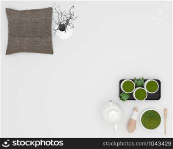 Green matcha tea, bamboo whisk, spoon and tea powder in white background. 3D rendering
