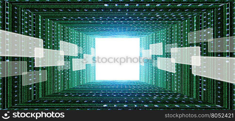 green matrix tunnel with touch screen interface and light at the end