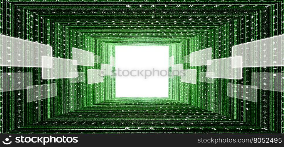 green matrix tunnel with touch screen interface and light at the end