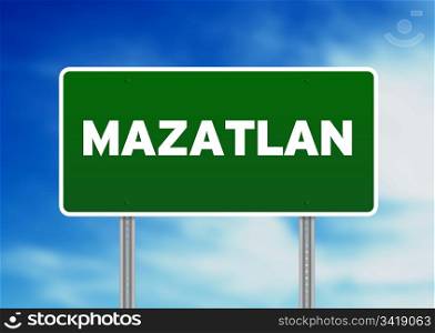Green Mazatlan, Mexico highway sign on Cloud Background.