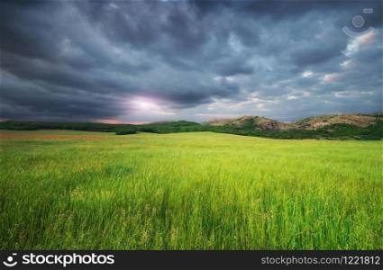 Green meadow in mountain and heavy rainy cloud. Composition of nature.
