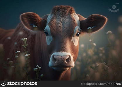 Green meadow in mountains and cow, summer landscape. Neural network AI generated art. Green meadow in mountains and cow, summer landscape. Neural network AI generated