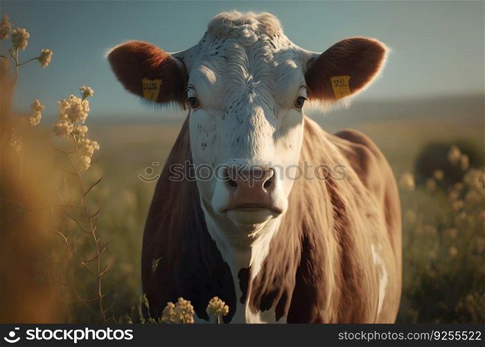 Green meadow in mountains and cow, summer landscape. Neural network AI generated art. Green meadow in mountains and cow, summer landscape. Neural network AI generated