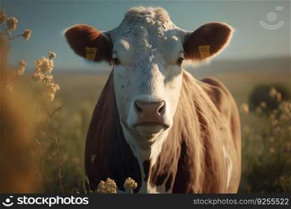 Green meadow in mountains and cow, summer landscape. Neural network AI generated art. Green meadow in mountains and cow, summer landscape. Neural network AI generated