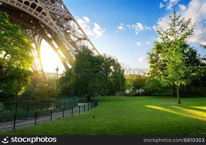 Green meadow near Eiffel Tower in Paris, France