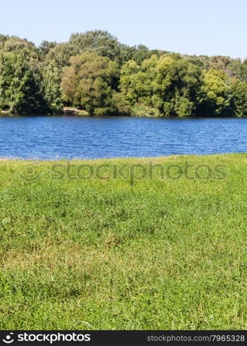 green meadow on riverbank in sunny summer day