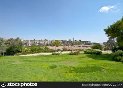 Green Meadow on the Background of the Ancient Walls of Jerusalem