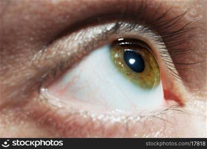 Green men eye with red blood vessels close up