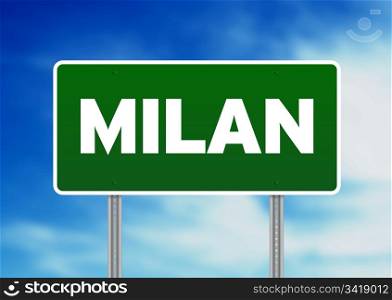Green Milan, Italy road sign on cloud background.