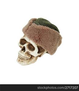 Green military hat with large fuzzy wool under padding on a skull with large eye sockets