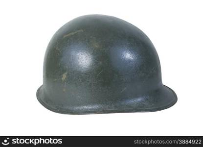 Green military helmet with a variety of scratches along the surface - path included