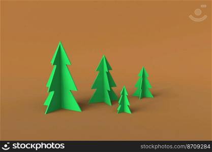Green minimal low-poly christmas trees on a brown background. 3d illustration