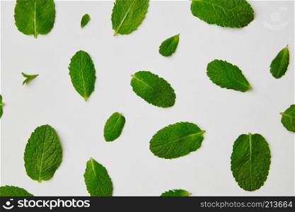 Green mint leaves freely located on white background. Top view .. Flat lay view of green mint leaves isolated on white background