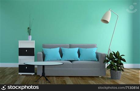 Green mint wall - Living room interior with sofa on wood floor. 3D rendering