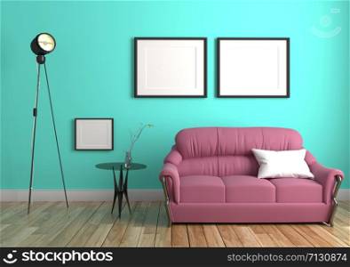 Green mint wall with sofa & sideboard on wood floor interior. 3D rendering