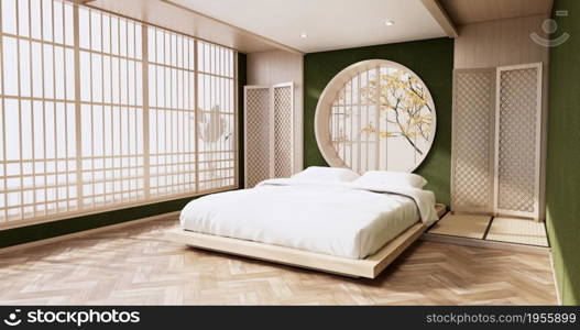 Green modern Japanese style bedroom mock up, Designing the most beautiful. 3D rendering