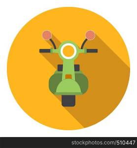 Green motorcycle icon in flat style in yellow circle with shadow. Front view. Motorcycle icon, flat style