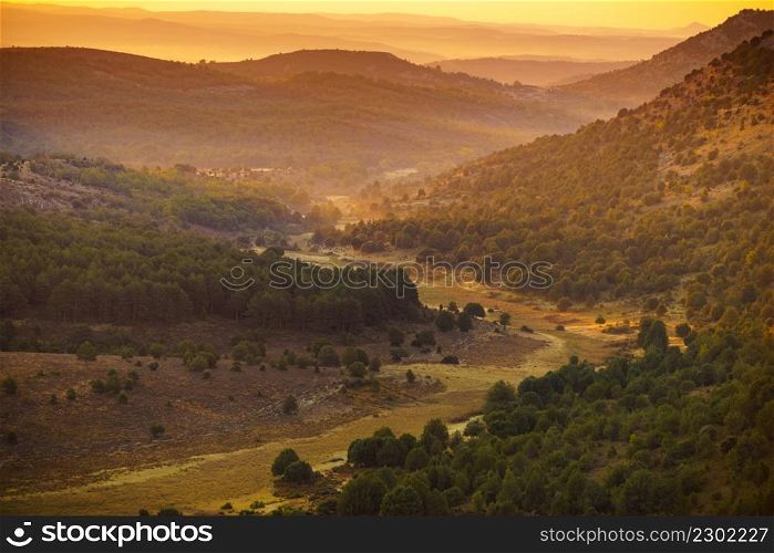Green mountain landscape in the morning light, hilly land in Burgos Spain.. Mountain view in morning light, Burgos Spain.