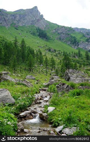 Green mountain valley and river in Lichtenstein