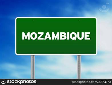 Green Mozambique highway sign on Cloud Background.