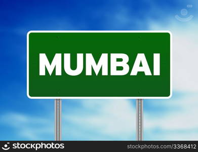 Green Mumbai highway sign on Cloud Background.