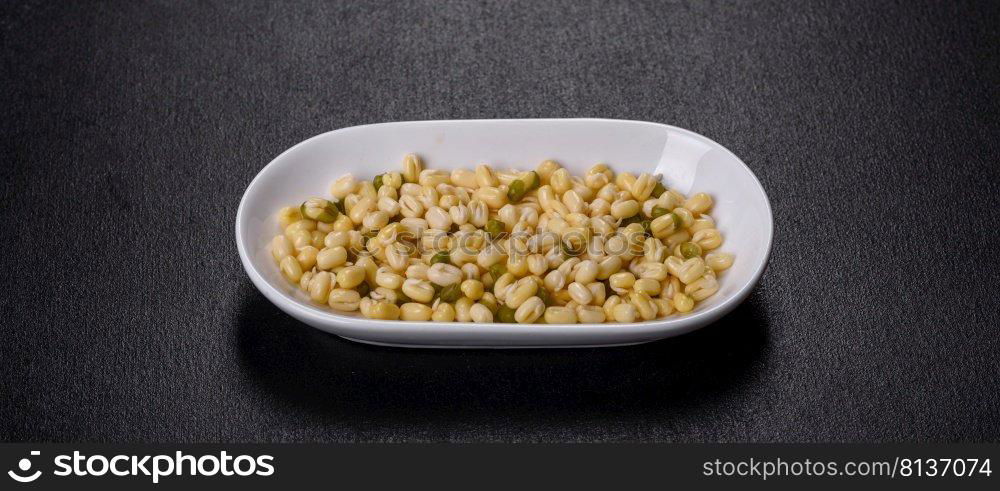 Green mung beans in a bowl on a dark concrete table. Legume plant for a healthy diet. Organics fresh Baby Green Bean Sprouts in white ceramic bowl on a dark concrete background