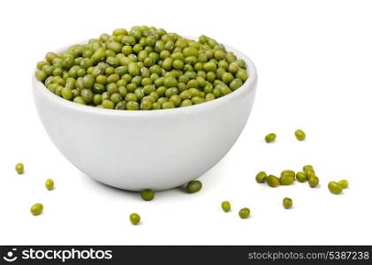 Green mung beans in white bowl isolated on white