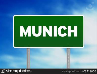 Green Munich highway sign on Cloud Background.