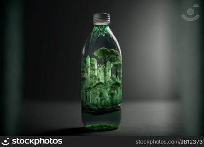 Green Natural House in Glass Bottle. Illustration Generative AI