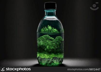 Green Natural House in Glass Bottle. Illustration Generative AI