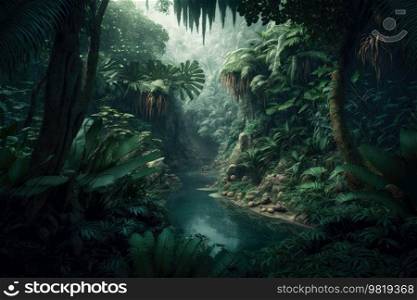 Green Natural Jungle Background. Illustration Generative AI